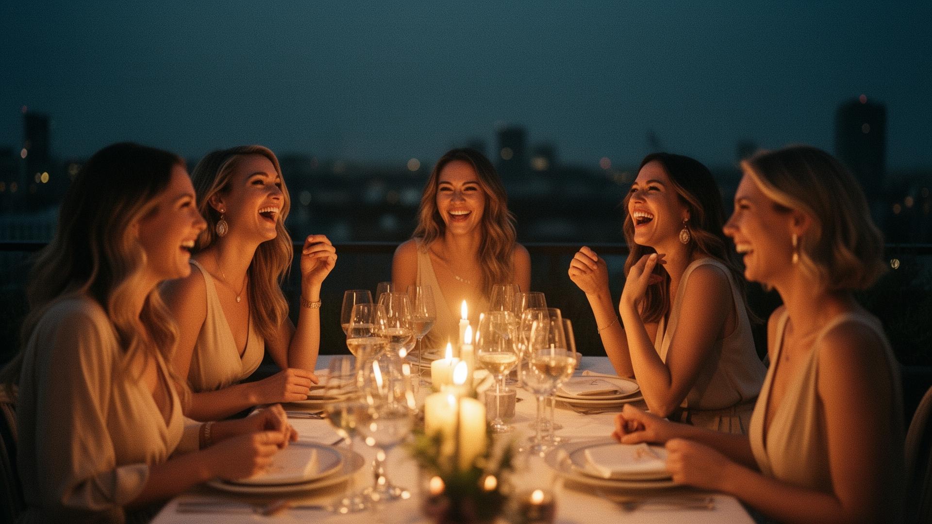Mulheres em jantar sofisticado ao pôr do sol